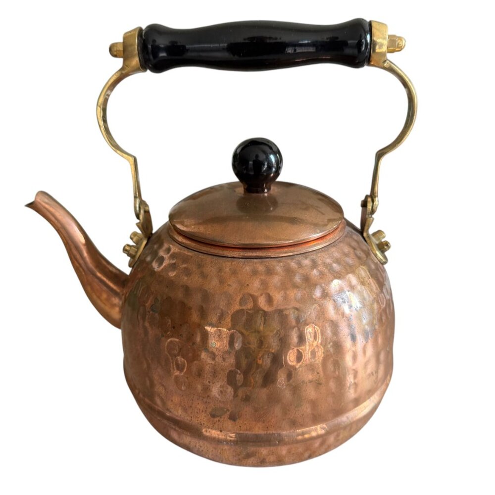 Vintage 80's Hammered Copper Tea Kettle Brass Hardware Aged Patina Old Rustic